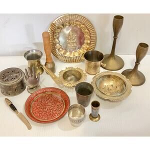 Vintage Brass Decor Lot Eclectic Indian & Thai Incense Bowls Candle Holders Cups
